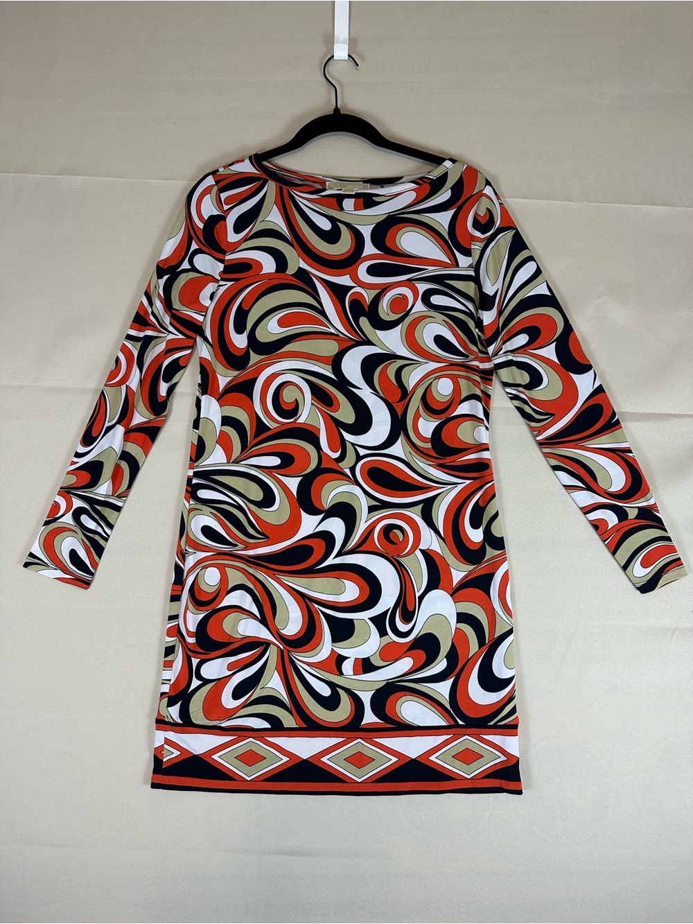 MICHAEL Michael Kors Swirl Print Retro Shift Dress Medium Long Sleeve Boat Neck